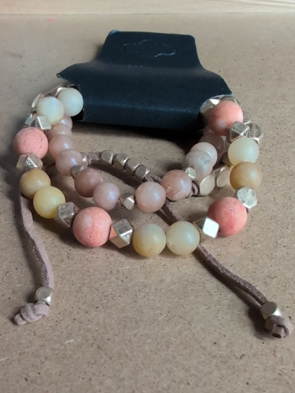 Peach & Cream Beaded Stretch Bracelet Trio with Gold Accents